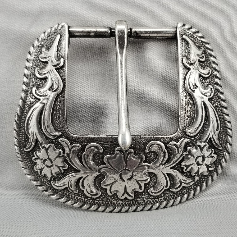 Vintage 1996 Floral Engraved Western Belt Buckle Rope Edge Taiwan ROC Pin Buckle